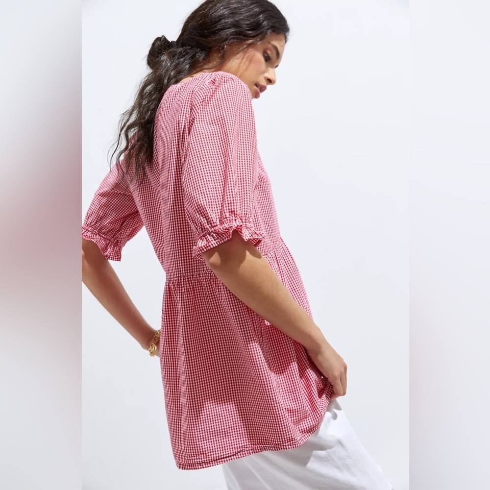 Maeve Anthropologie Gingham Tunic Top Red & White Blouse Oversized Size Small - Picture 2 of 8